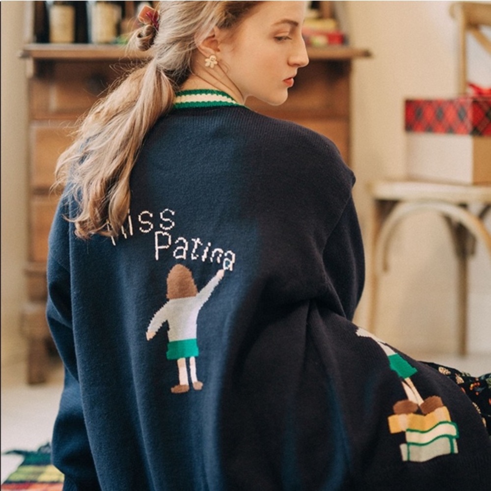 Miss Patina Russell Campus Academia Argyle Preppy Classic Cardigan Sweater - Picture 6 of 17